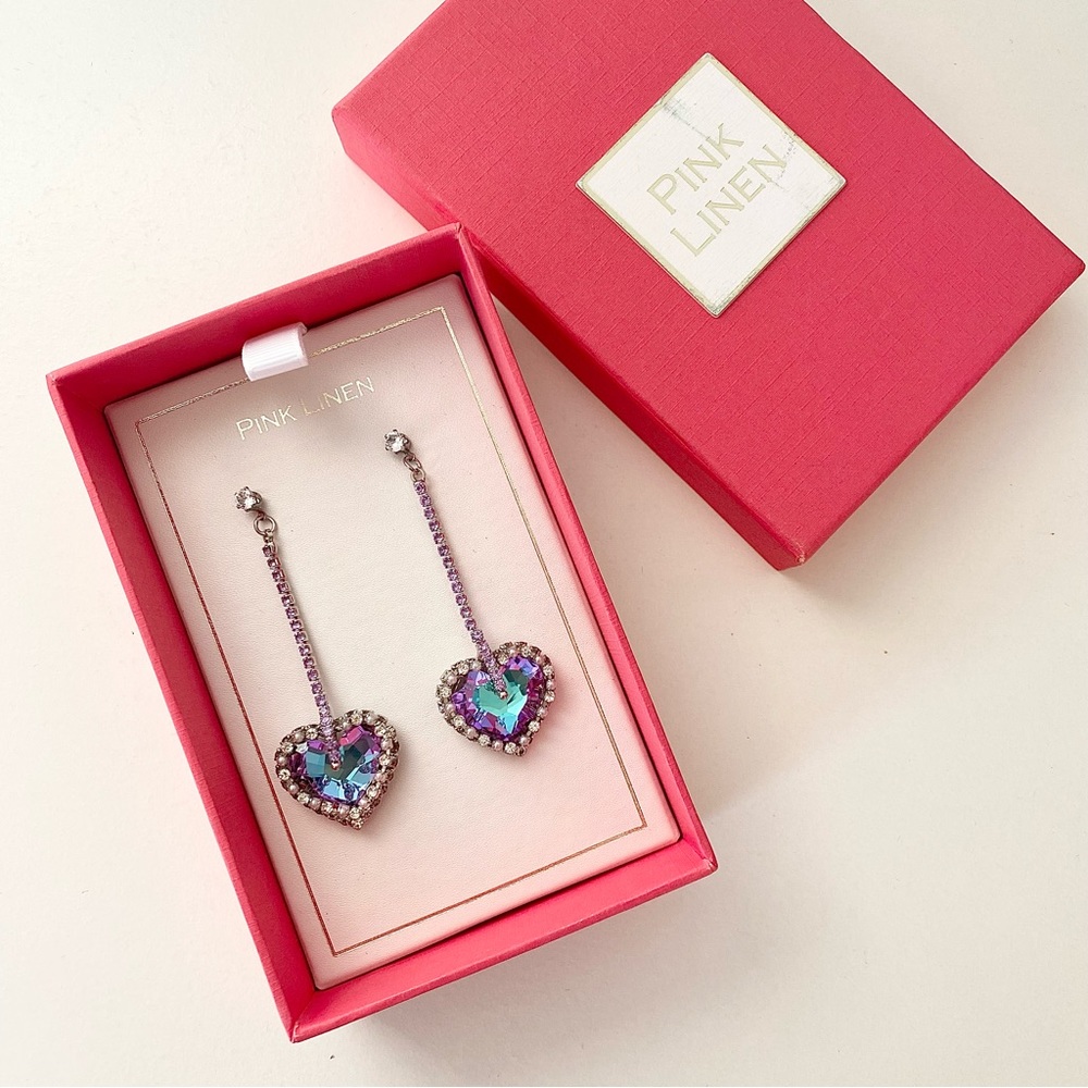 Gift Sparkly Dual Color Crystal Purple Teal Hearts Rhinestones Drop Earrings